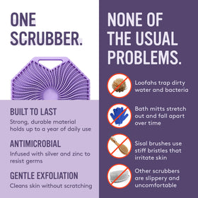 Sud Scrub Antimicrobial Silicone Body Scrubber in bathroom setting