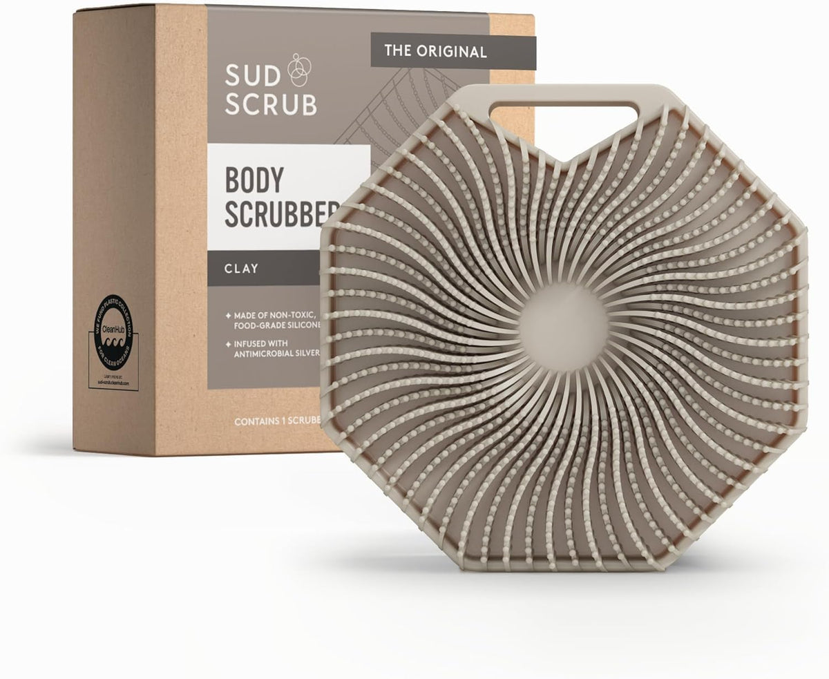 Sud Scrub Antimicrobial Silicone Body Scrubber in Clay colour front view