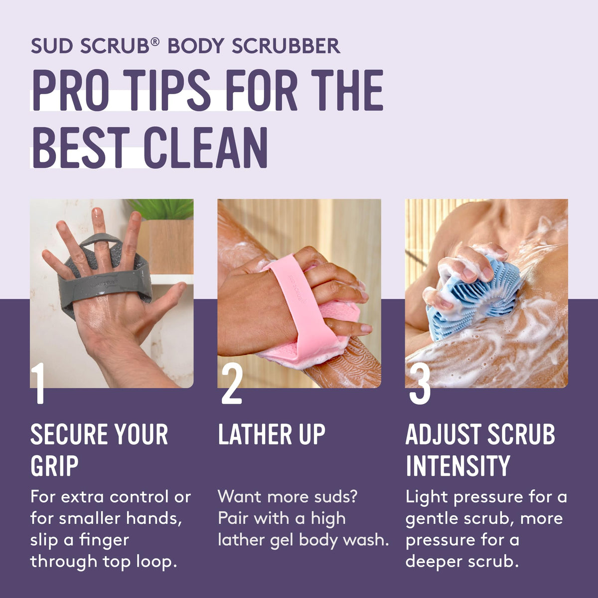 Sud Scrub Antimicrobial Silicone Body Scrubber in hand for scale