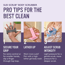 Sud Scrub Antimicrobial Silicone Body Scrubber in hand for scale