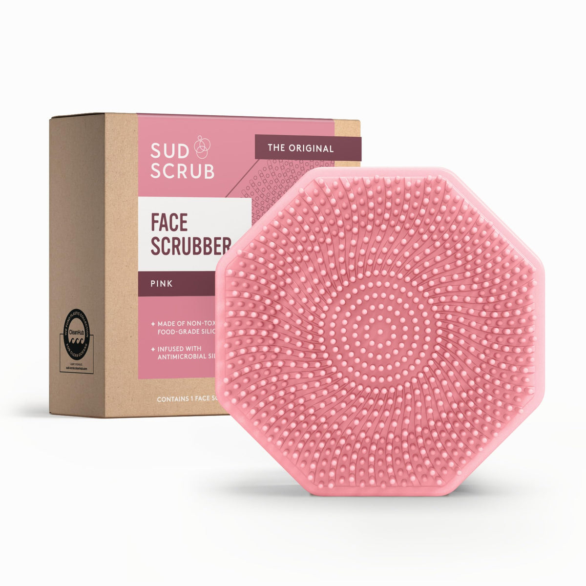 Sud Scrub Antimicrobial Silicone Face Scrubber front view in pink