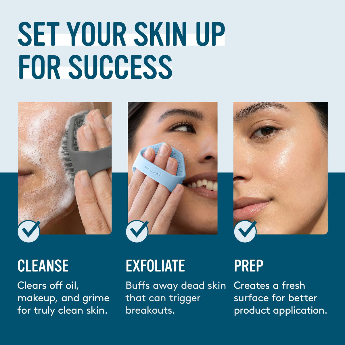 Sud Scrub Antimicrobial Silicone Face Scrubber in use on a person's face