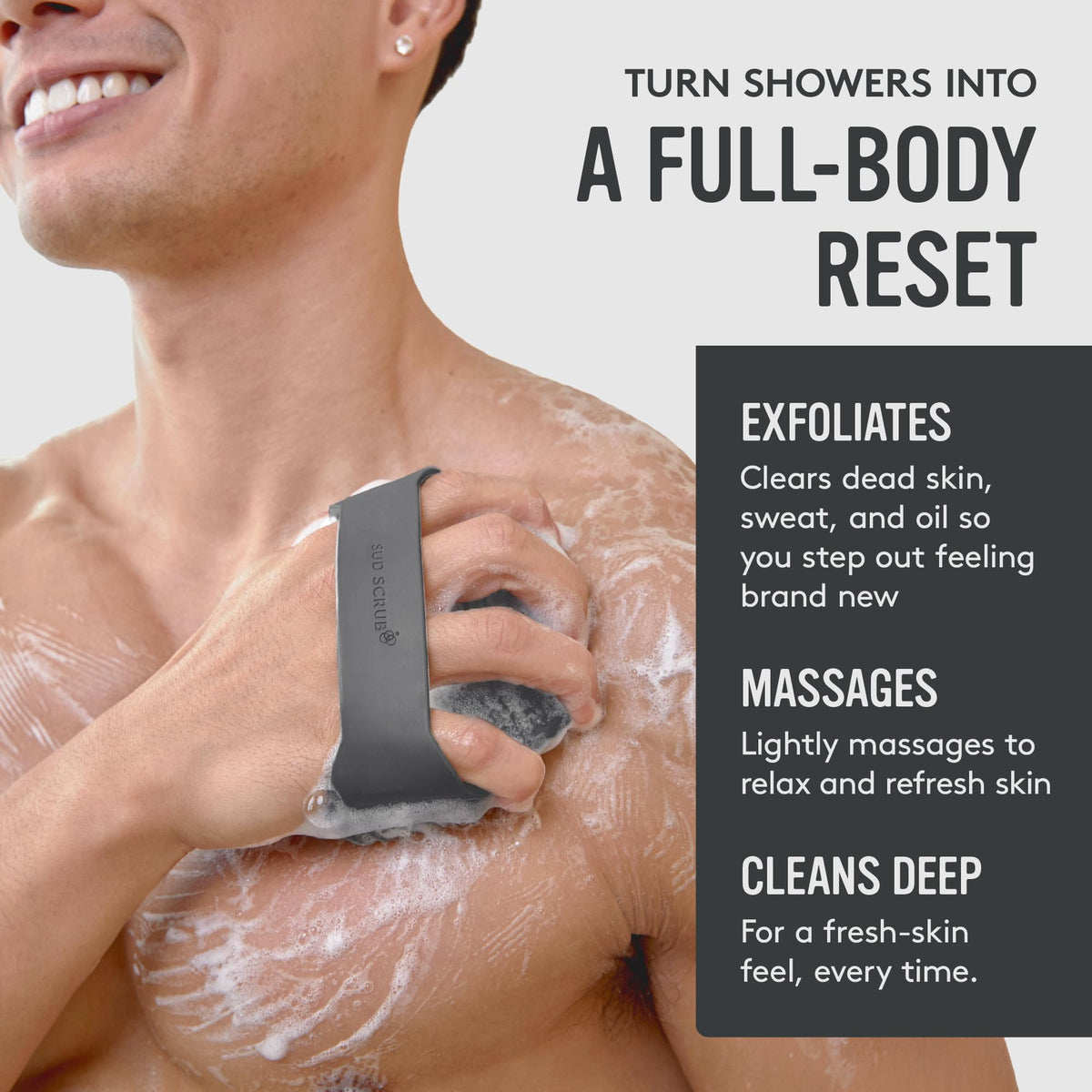 Sud Scrub in use during a shower, demonstrating its grip