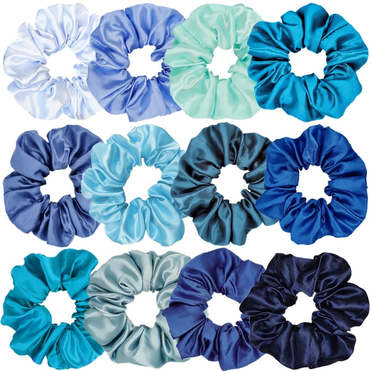Sufermoe 12 Pcs Satin Silk Hair Scrunchies assorted blue front view