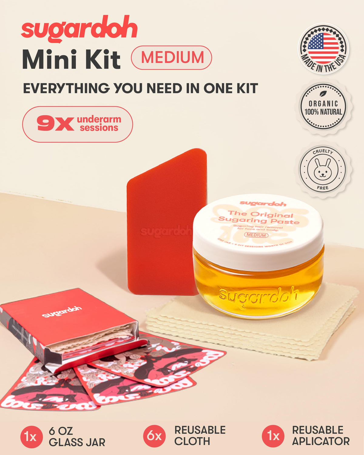 SUGARDOH Sugar Waxing Kit reusable applicator and cloth strips