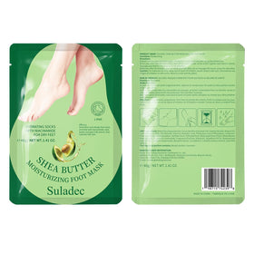 SULADEC foot mask with shea butter and goat milk ingredients displayed
