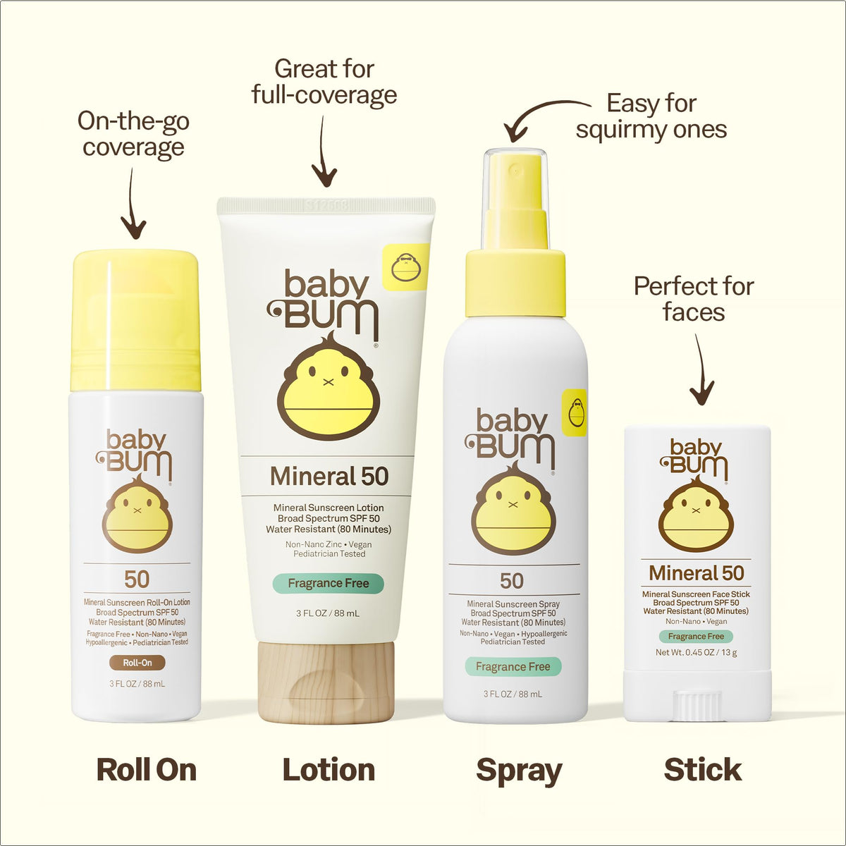Sun Bum Baby Bum Mineral SPF 50 Roll-On Sunscreen applied to a child's arm