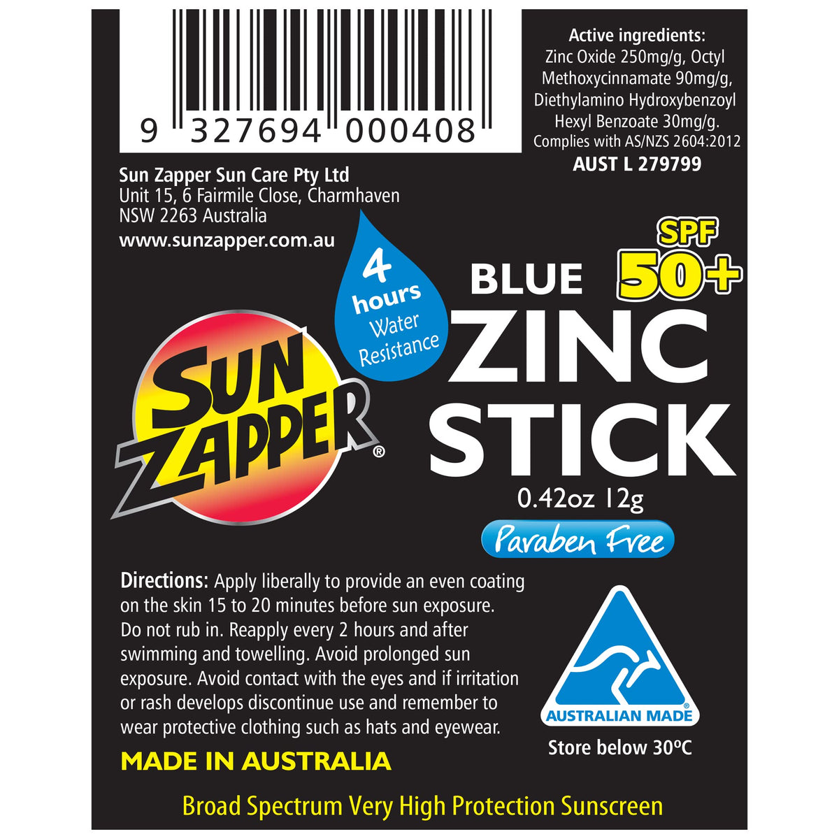 Sun Zapper Zinc Oxide Sunscreen Stick SPF 50+ Blue on a child's face