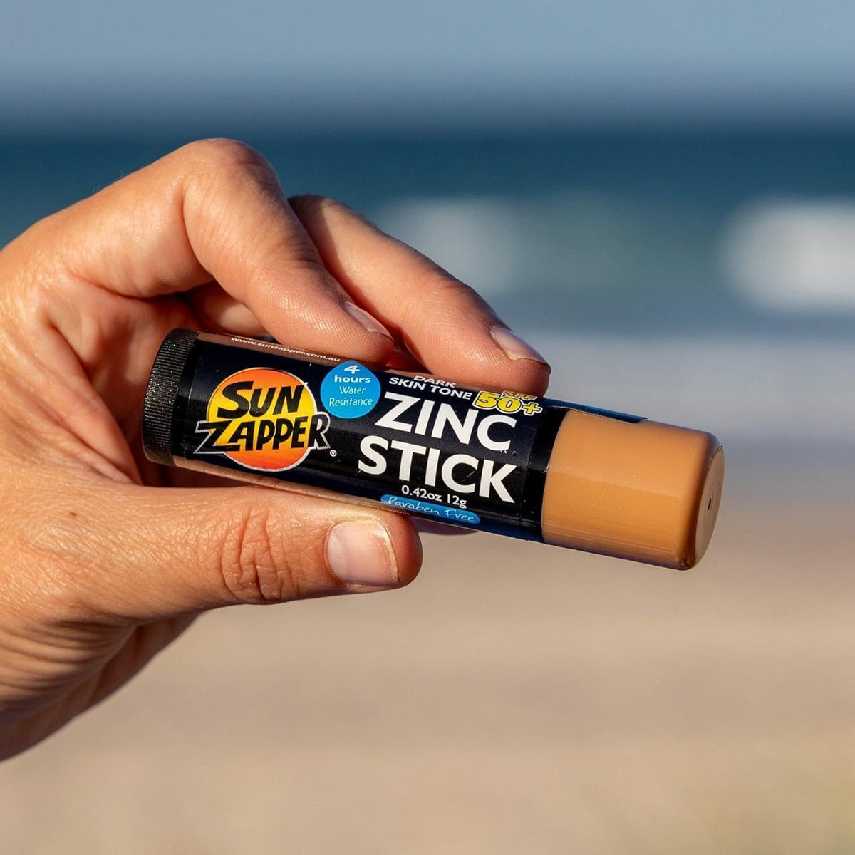 Sun Zapper Zinc Oxide Sunscreen Stick SPF 50+ on a towel