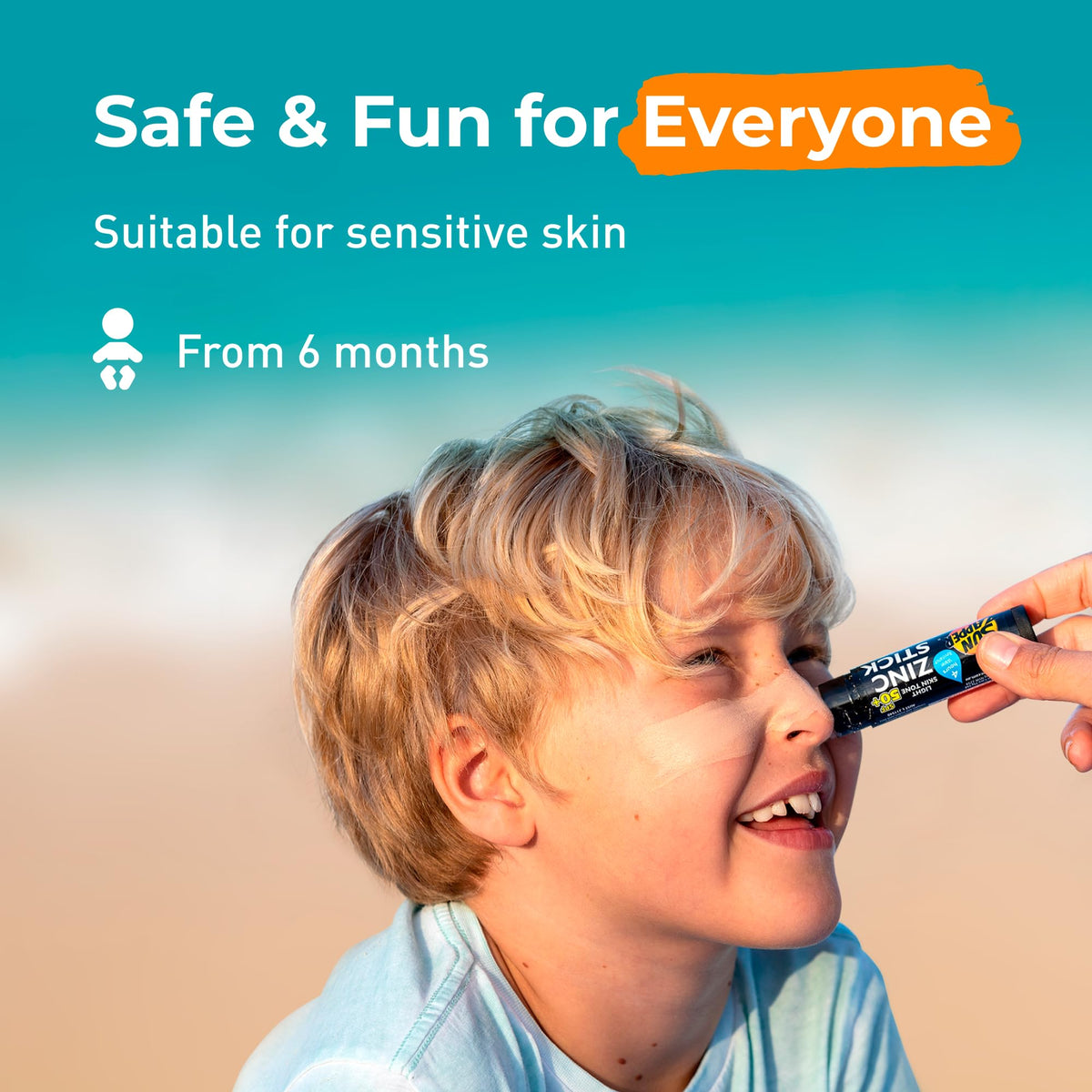 Sun Zapper Zinc Oxide Sunscreen Stick SPF 50+ on beach bag