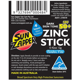 Sun Zapper Zinc Oxide Sunscreen Stick SPF 50+ with beach background