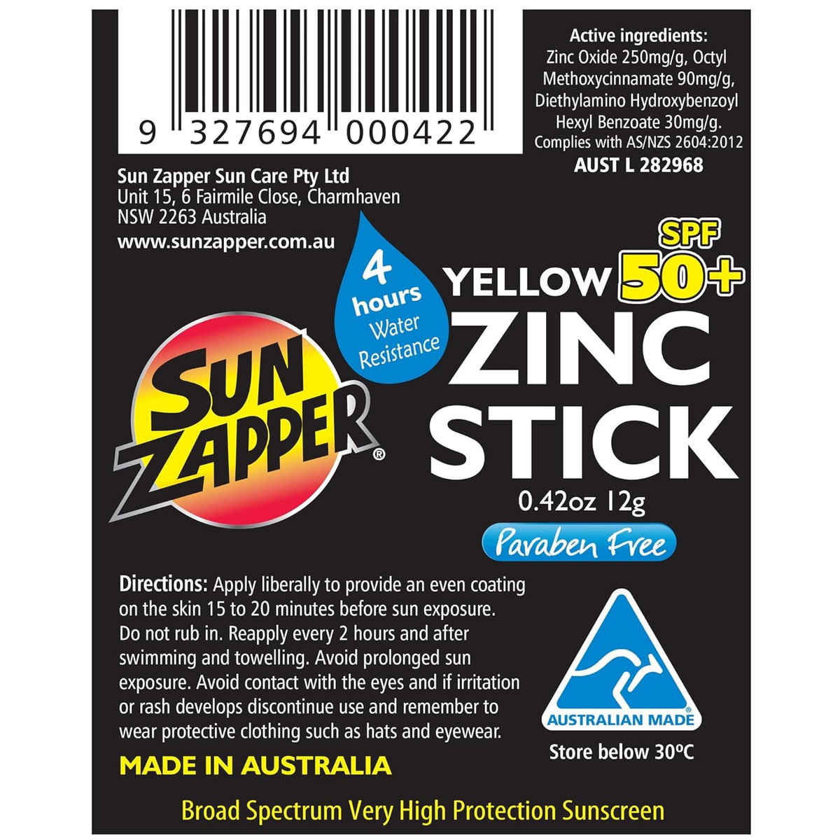 Sun Zapper Zinc Oxide Sunscreen Stick SPF 50+ yellow applied on skin