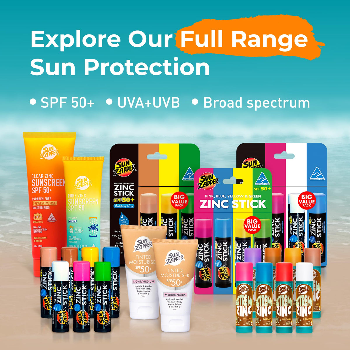 Sun Zapper Zinc Oxide Sunscreen Stick SPF 50+ yellow with beach background