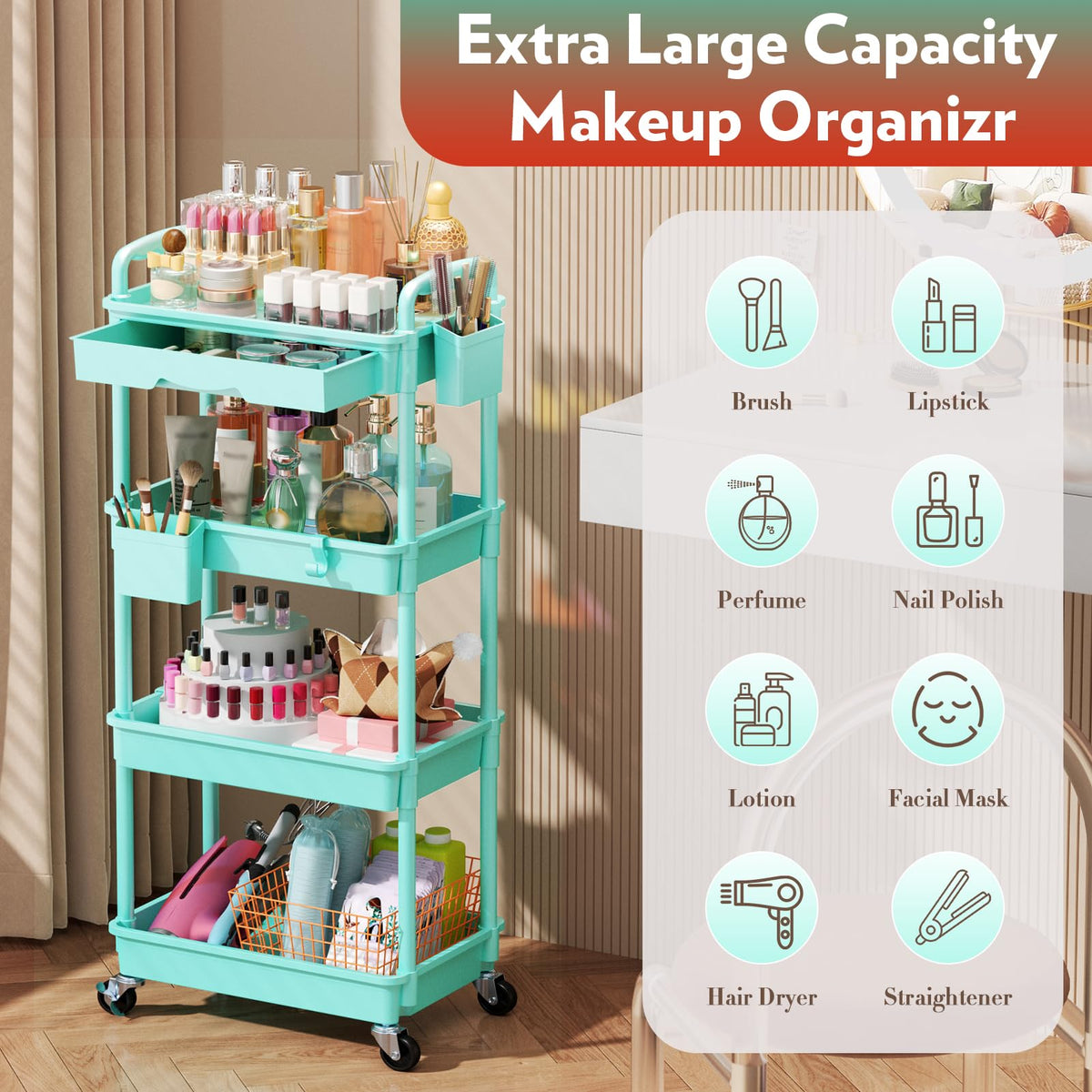 SUNALLY Makeup Cart Organizer showing storage compartments