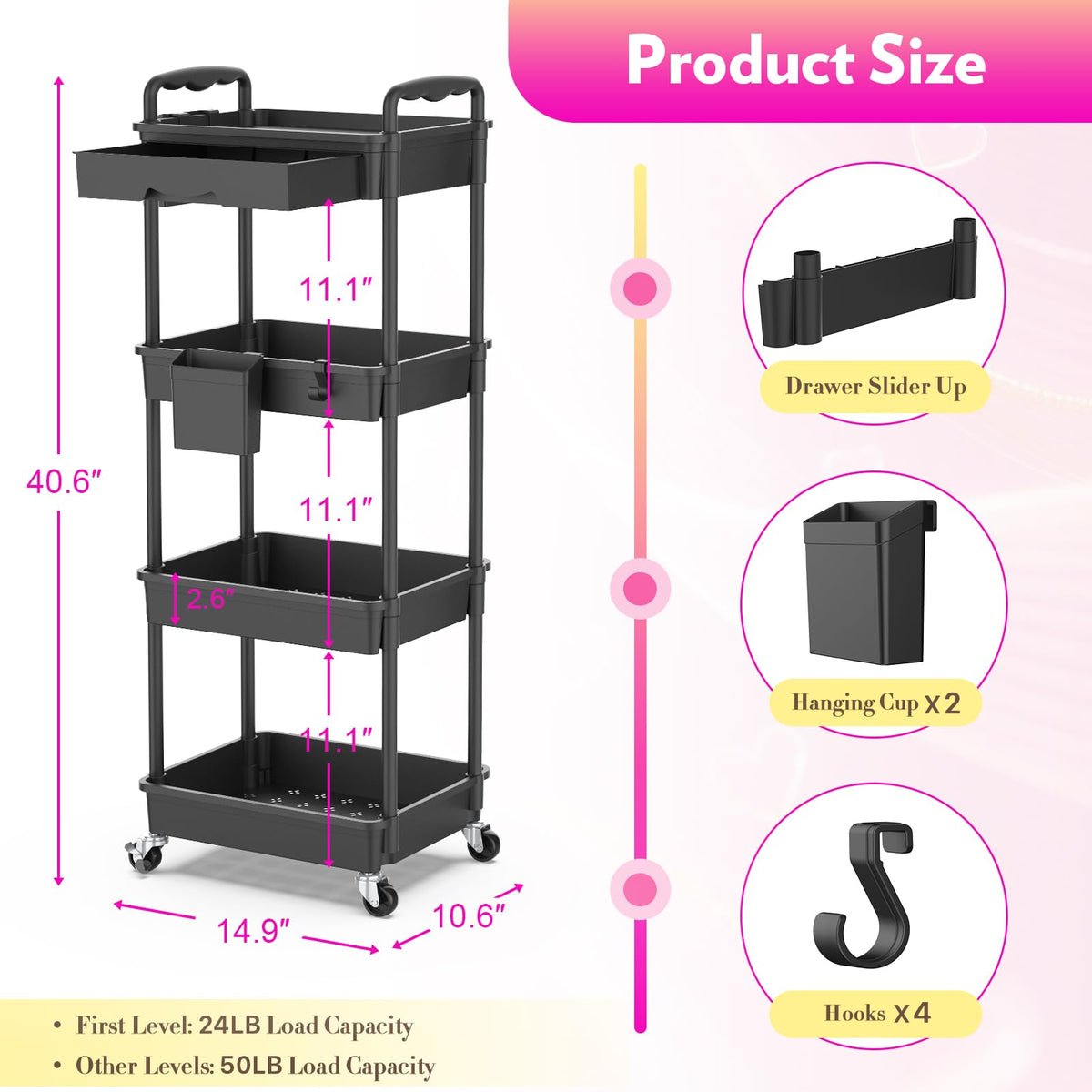 SUNALLY Makeup Cart Organizer side view showing removable drawer