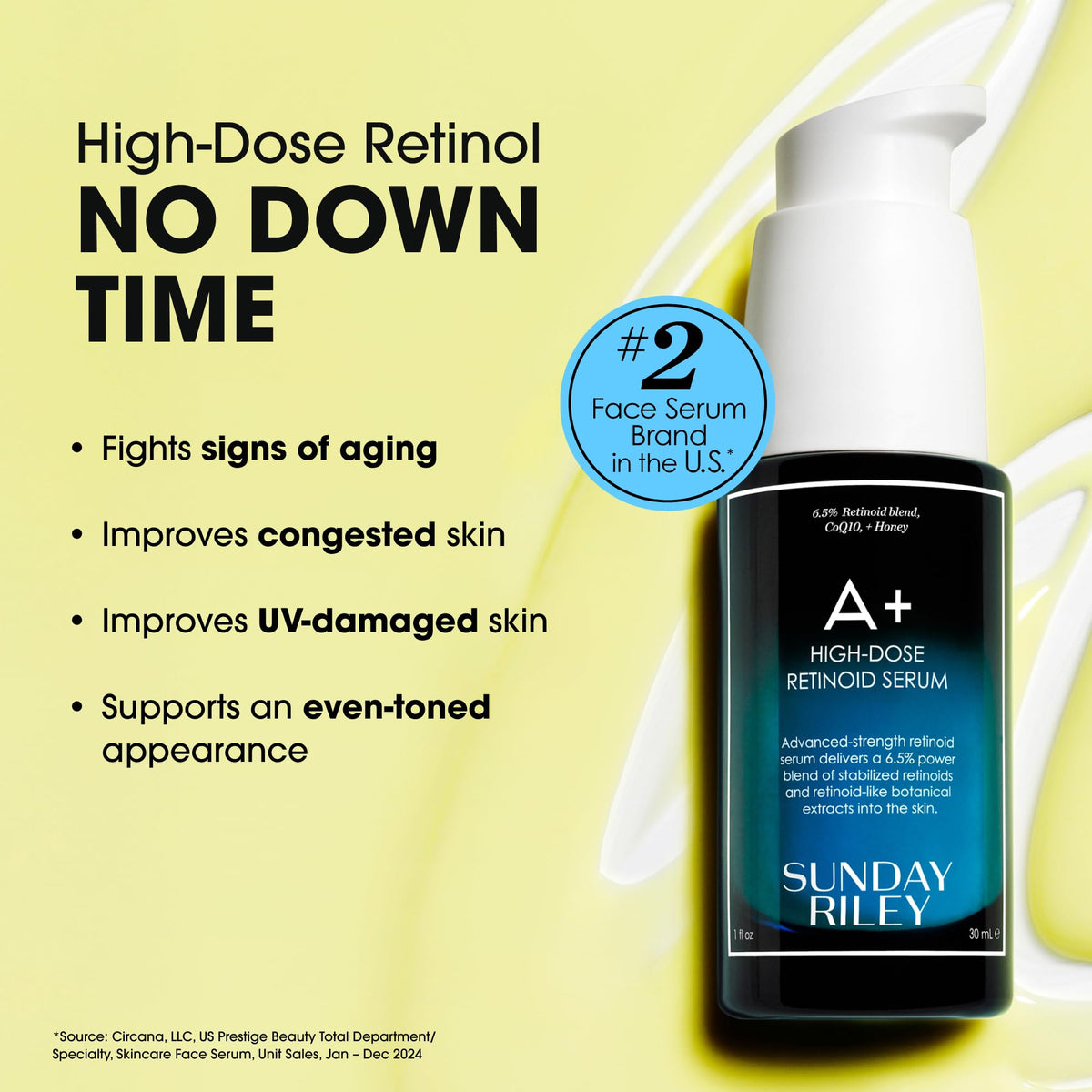 Sunday Riley A+ High-Dose Retinol Serum 1.0oz bottle with cap