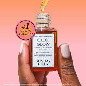 Sunday Riley C.E.O. Glow Vitamin C & Turmeric Face Oil on a skincare shelf