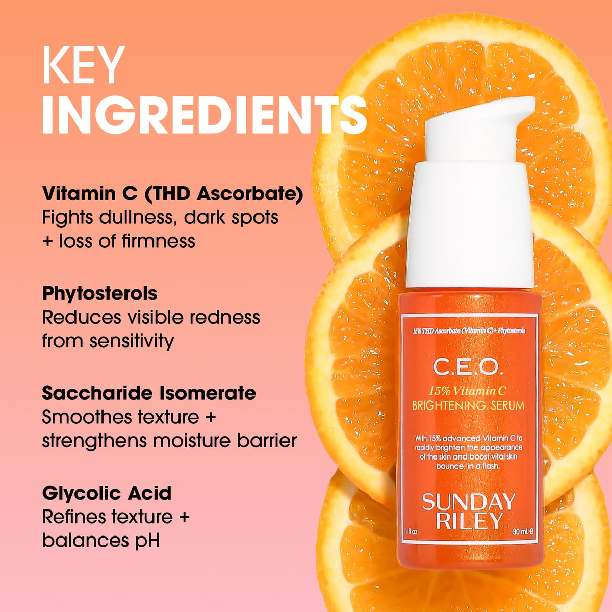 Sunday Riley C.E.O. Serum with ingredients on display