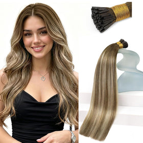 Sunny Hair 18 Inch I Tip Extensions in Balayage Brown Mix Blonde front view