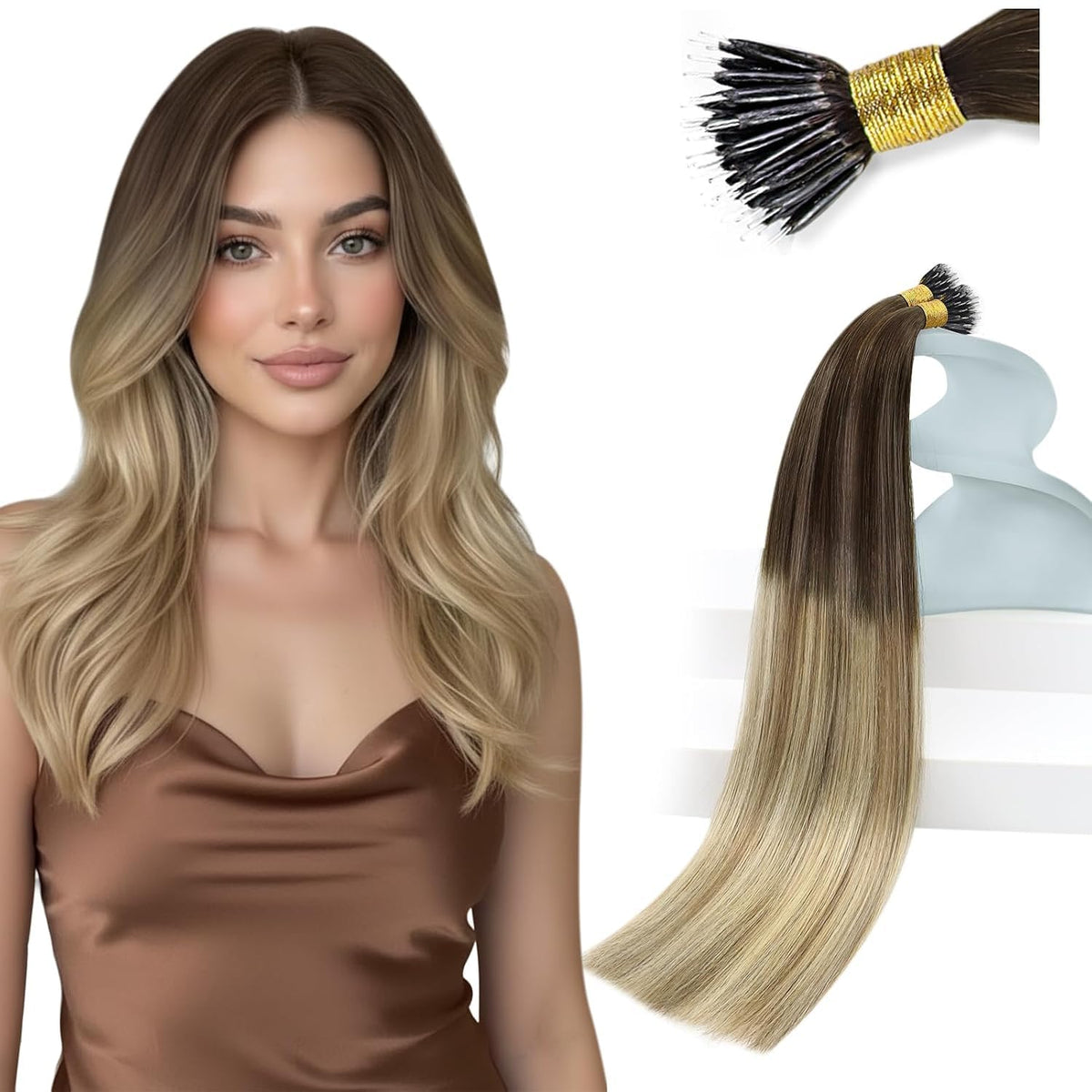 Sunny Hair 20 Inch Brown Balayage Nano Hair Extensions front view