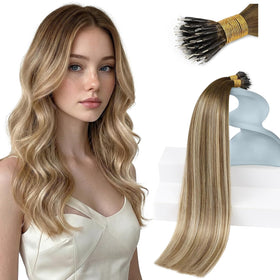 Sunny Hair 20 Inch Nano Bead Hair Extensions in Brown Mix Blonde front view