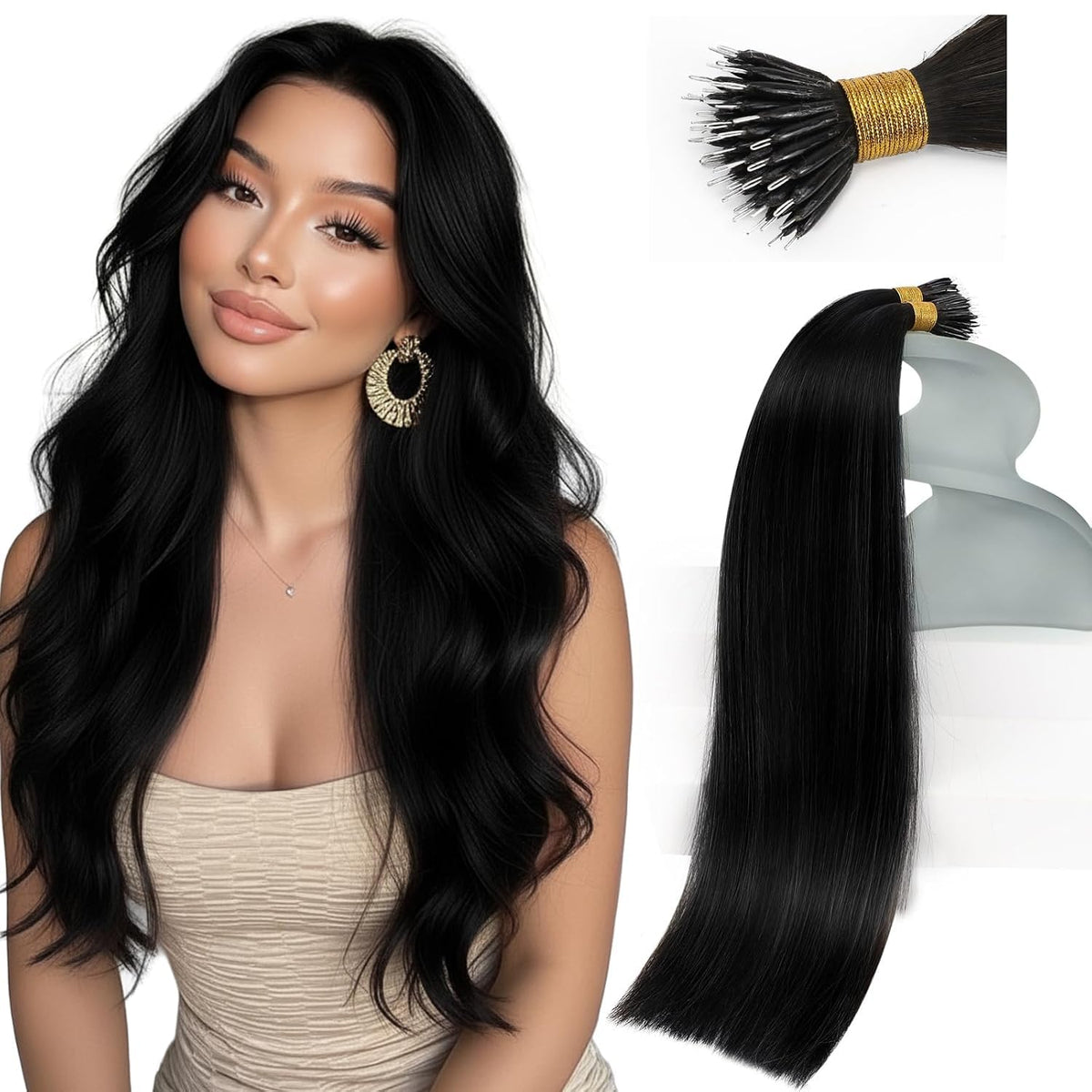 Sunny Hair 22 Inch Nano Ring Hair Extensions in Jet Black front view