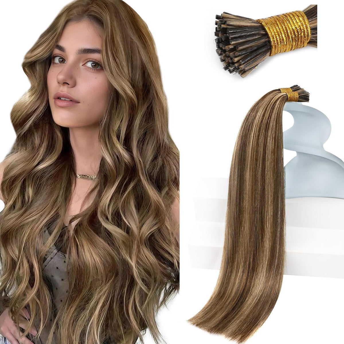 Sunny Hair 24 Inch I Tip Hair Extensions Brown Highlight Blonde front view