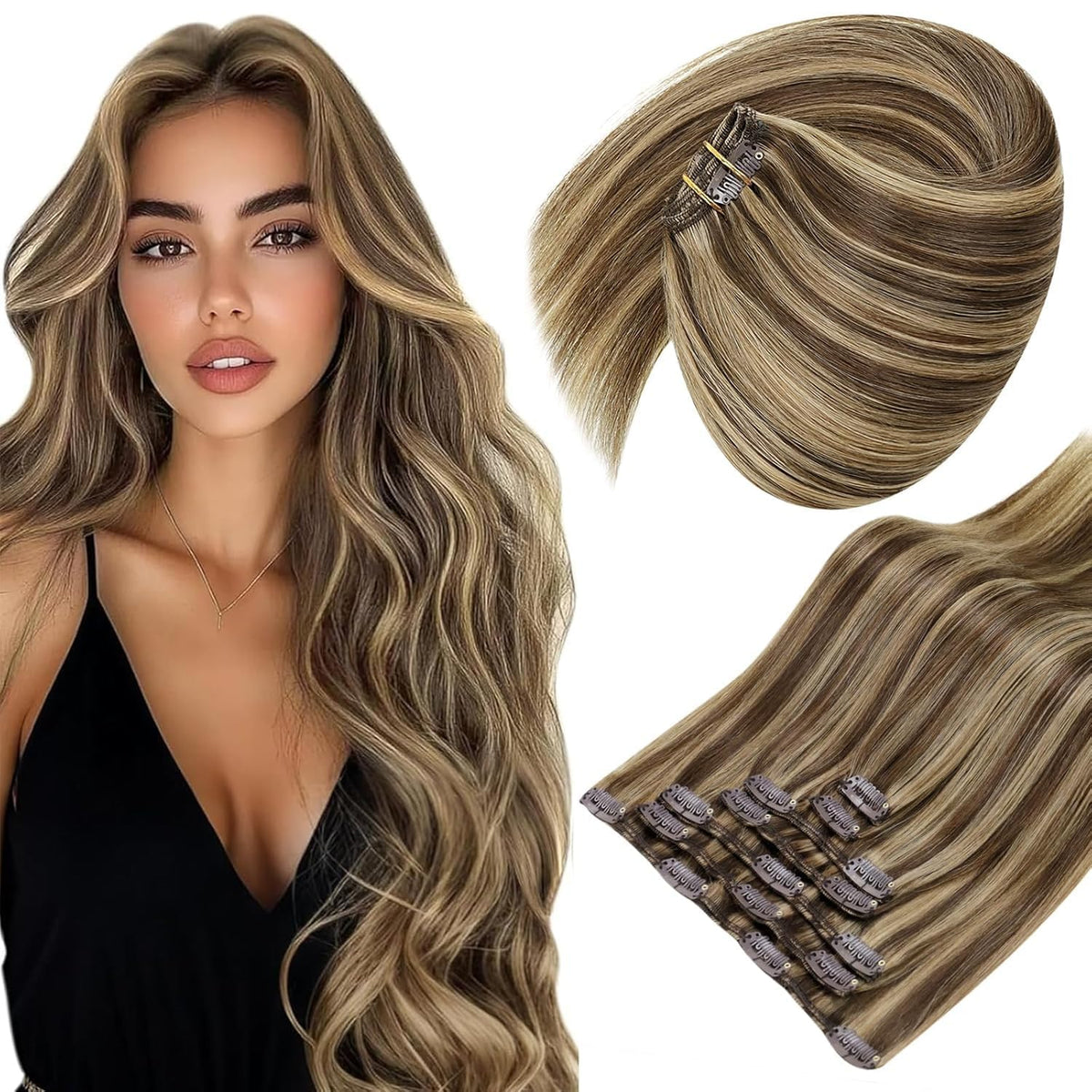 Sunny Hair Clip-in Extensions 14 Inch Brown Highlight front view
