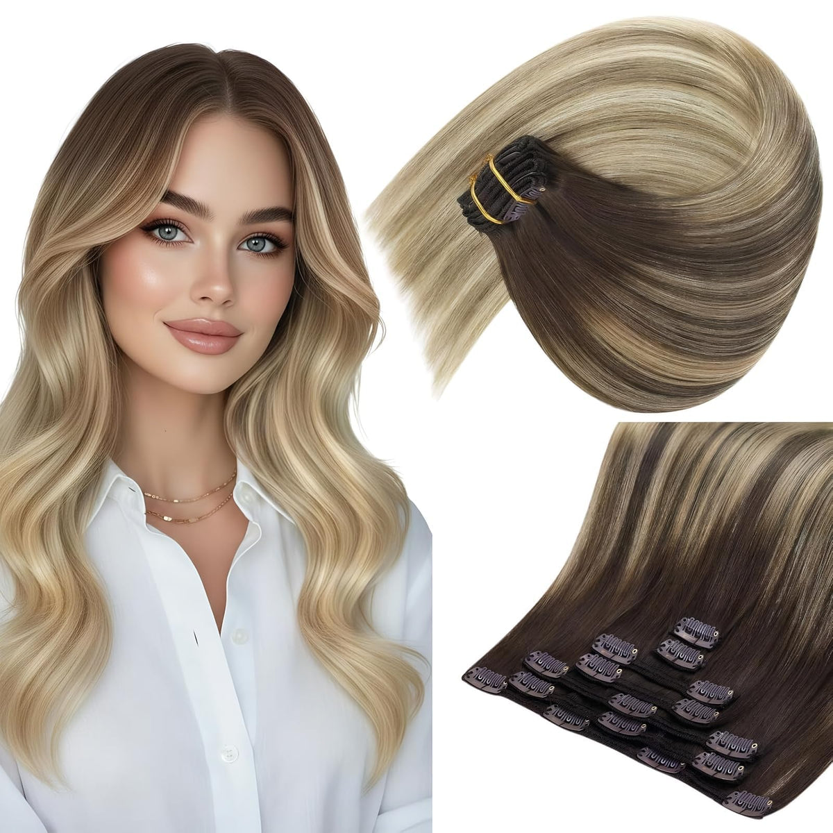 Sunny Hair Clip-In Extensions 14 Inch Ombre Blonde front view