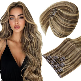 Sunny Hair Clip-in Extensions 18 Inch Brown Highlight front view