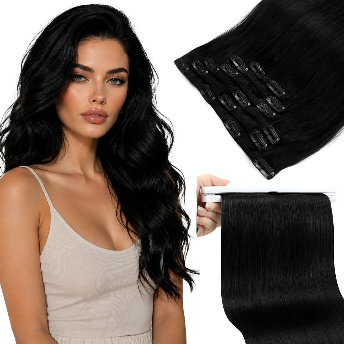 Sunny Hair Clip-In Extensions 22 Inch black model front view