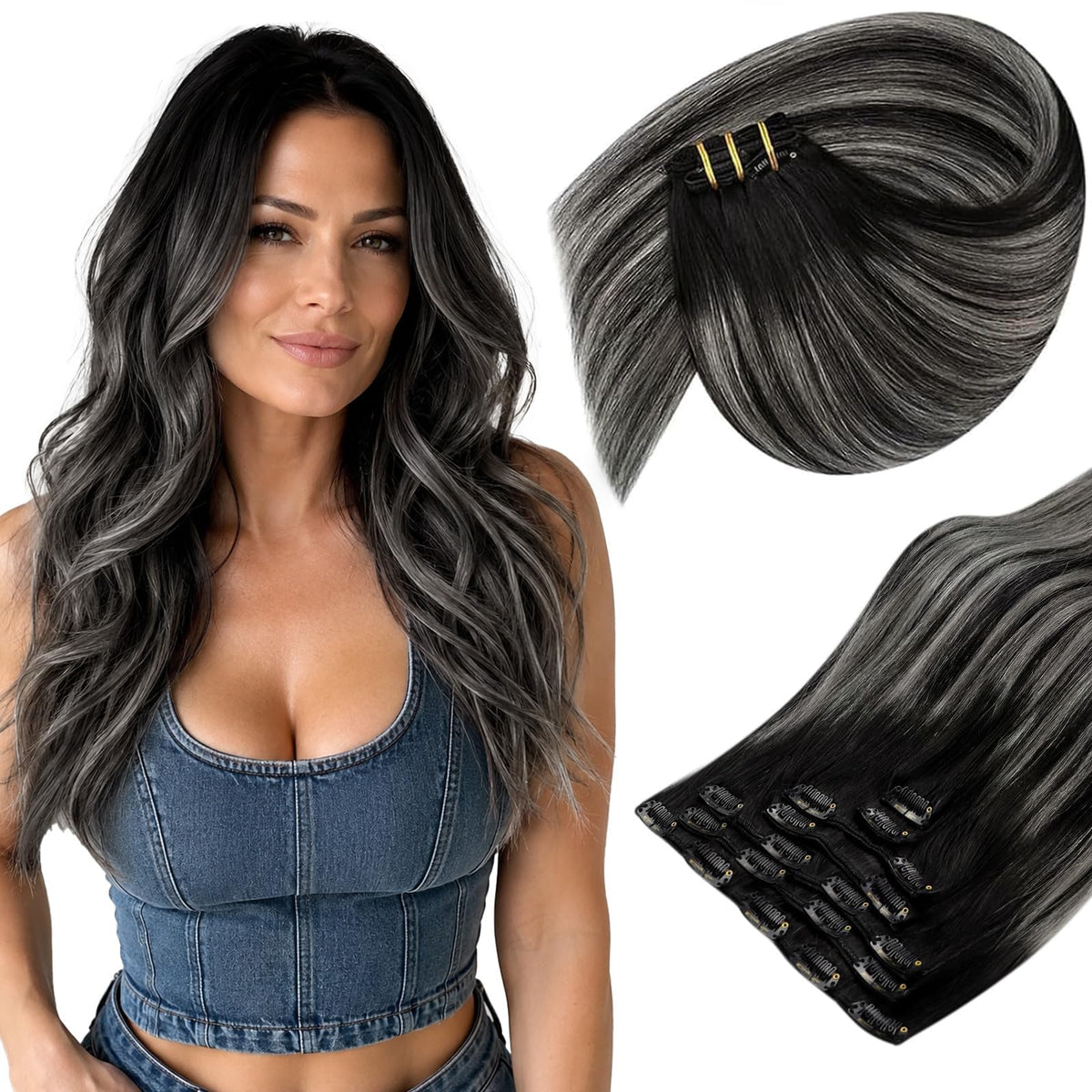 Sunny Hair clip-in extensions black ombre balayage front view