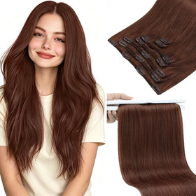 Sunny Hair Clip-In Extensions front view in auburn mahogany brown