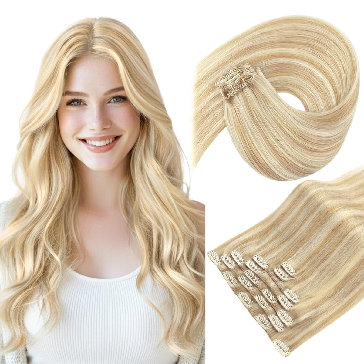 Sunny Hair Clip-in Extensions front view with blonde highlights