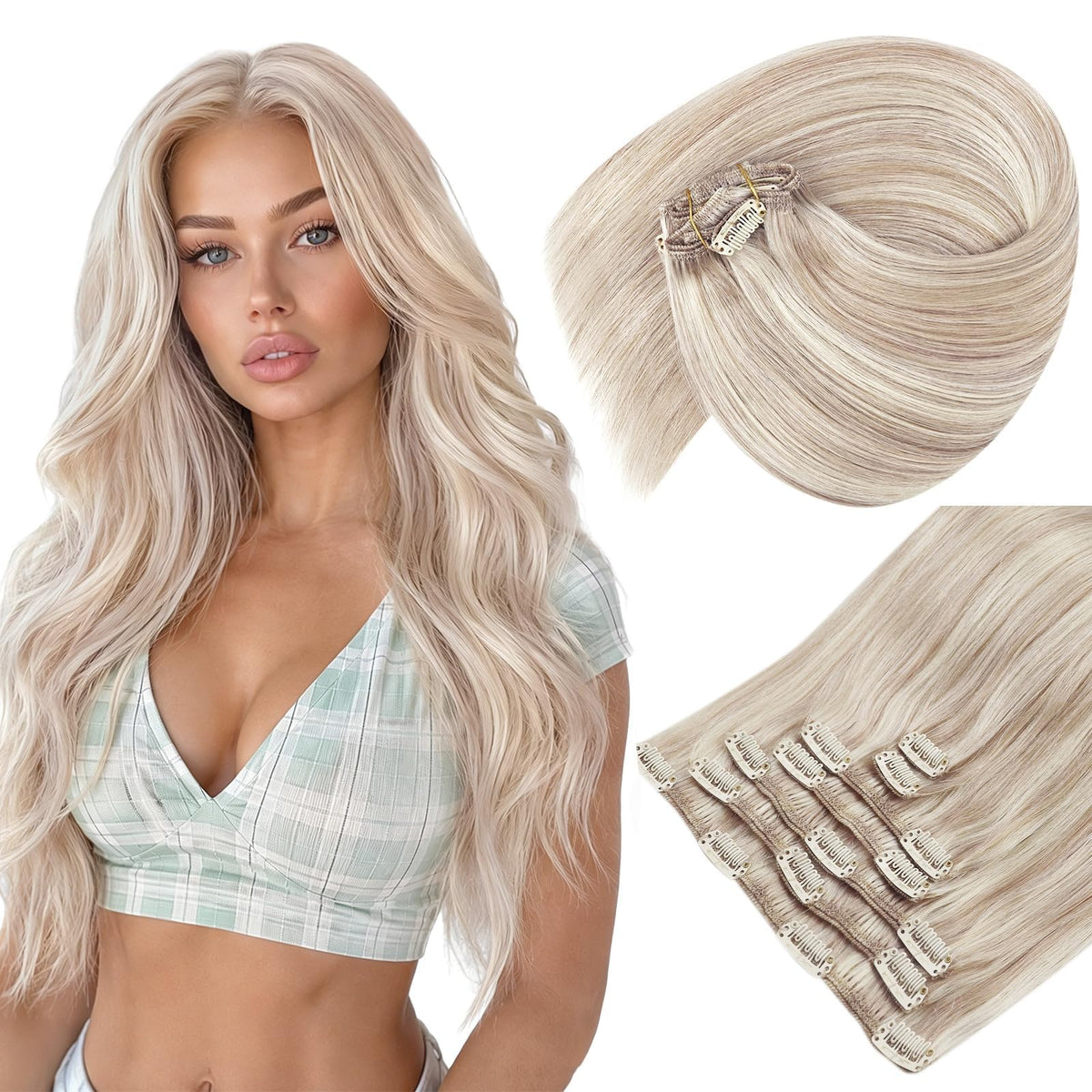 Sunny Hair Clip-in Extensions front view with blonde highlights