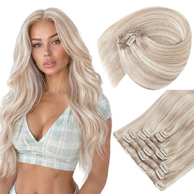 Sunny Hair Clip-in Extensions front view with blonde highlights