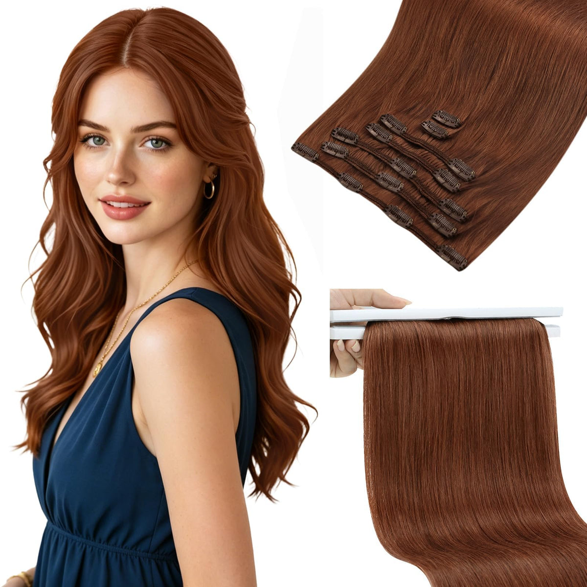 Sunny Hair clip-in extensions in copper red brown front view