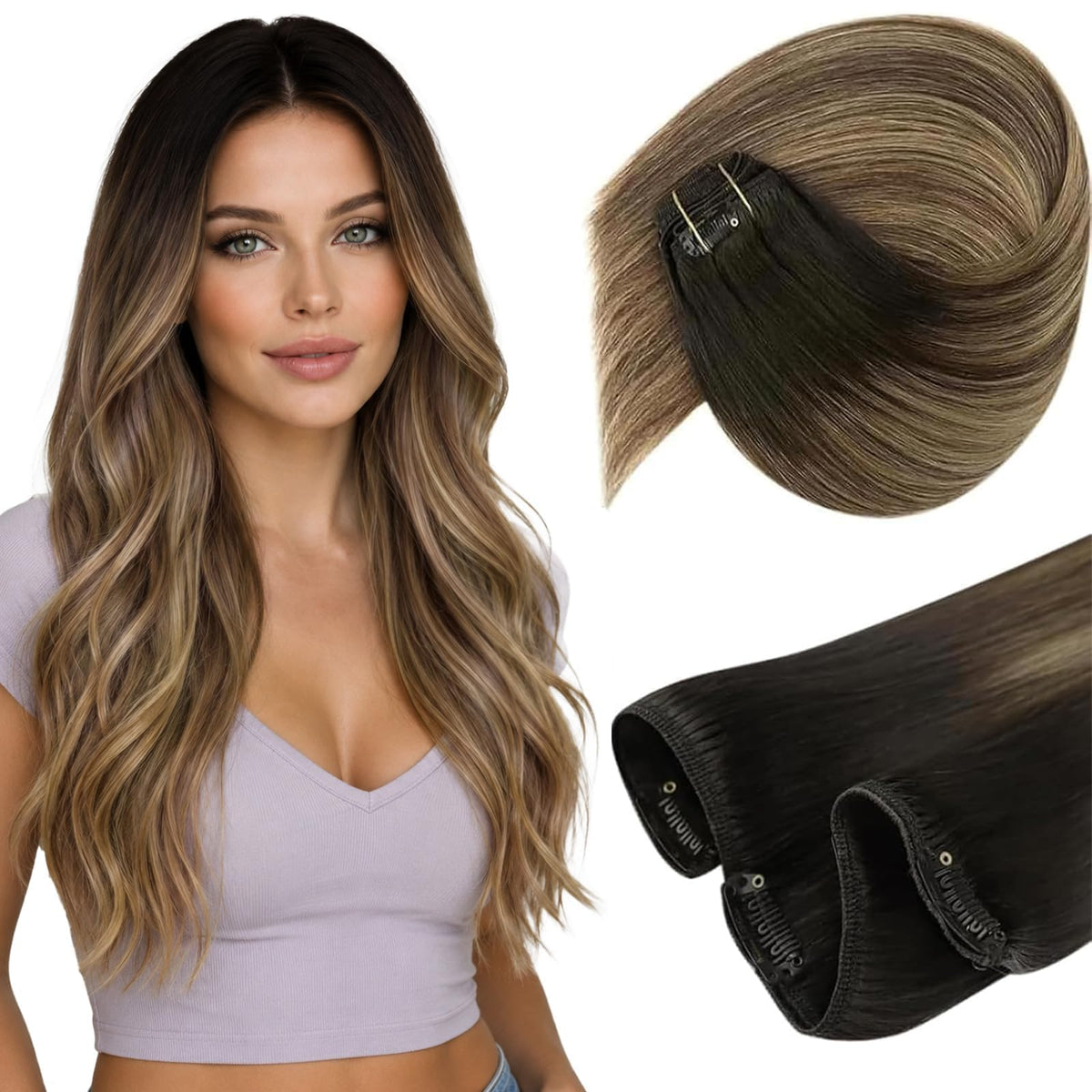 Sunny Hair Clip-in Hair Extensions 12inch caramel balayage front view