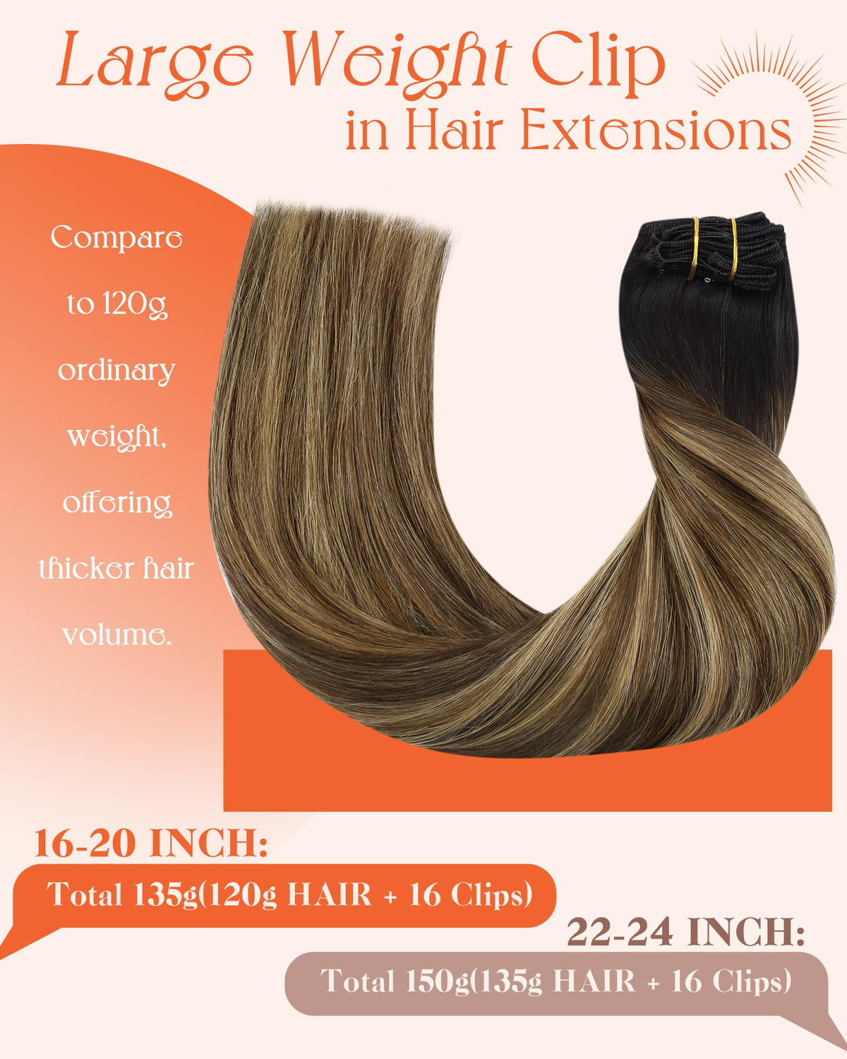 Sunny Hair Clip-in Hair Extensions 135g 16inch Black Ombre close-up of clips