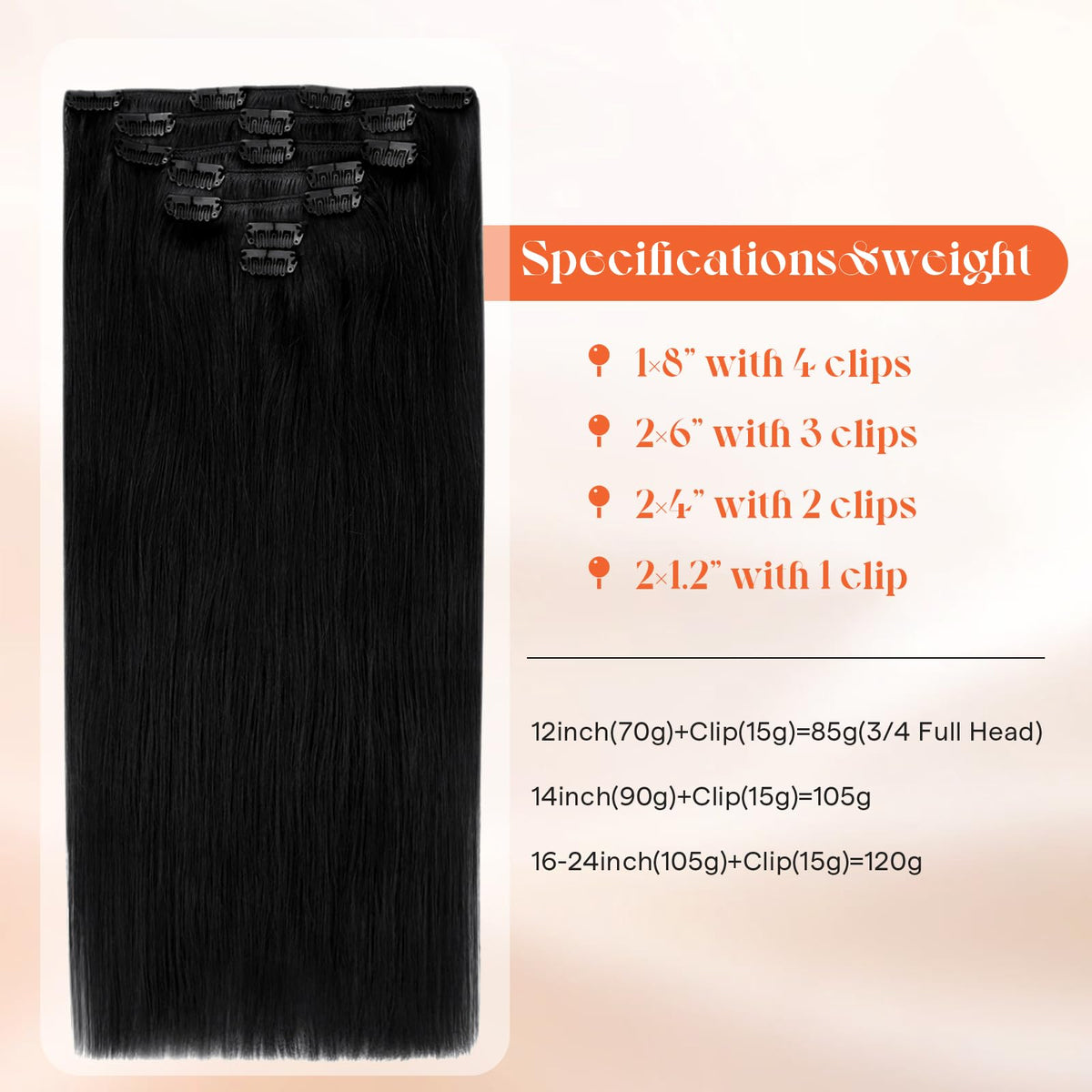 Sunny Hair Clip in Hair Extensions 14 Inch Jet Black close-up of clips