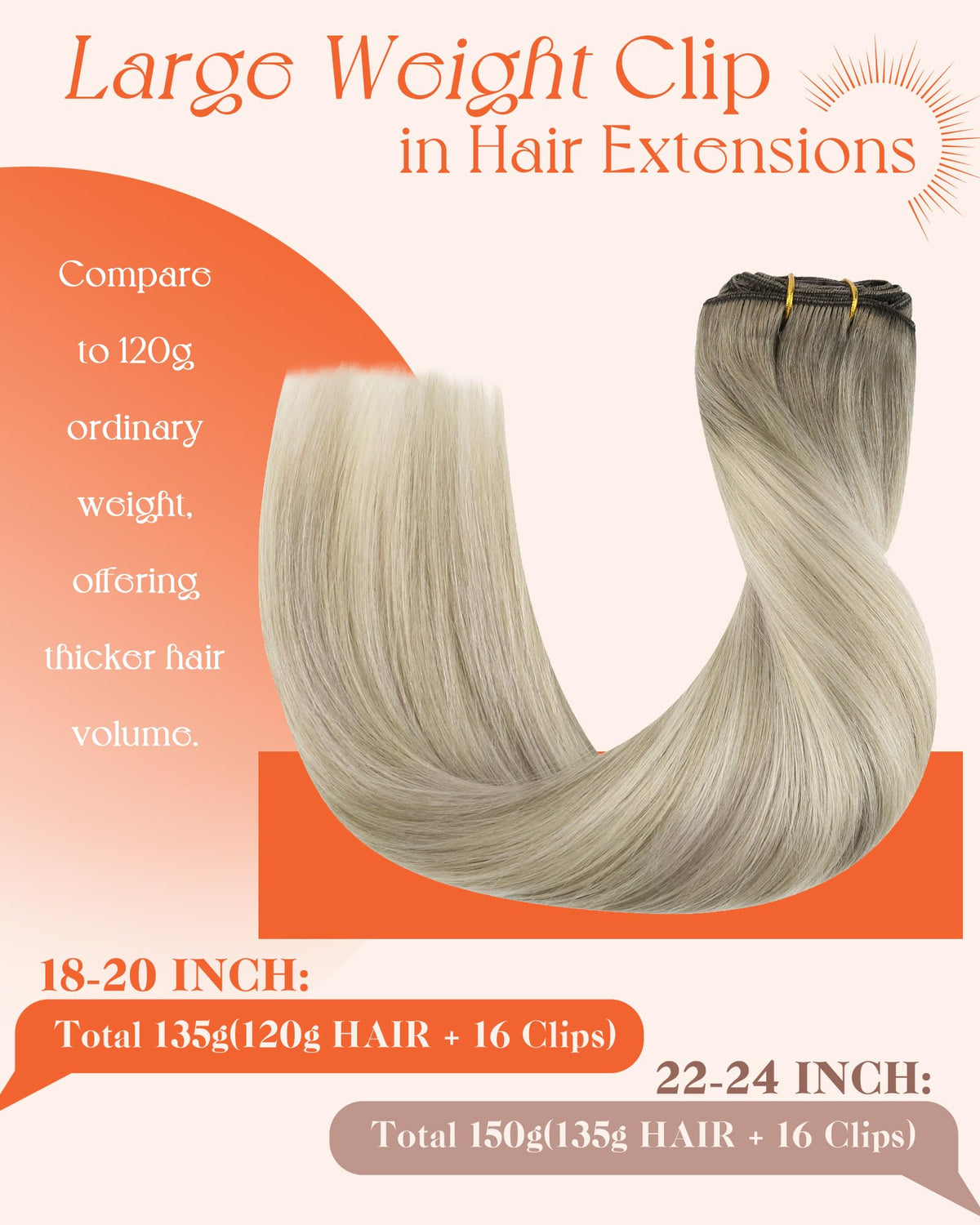 Sunny Hair Clip in Hair Extensions 22 Inch Ombre close-up of clips