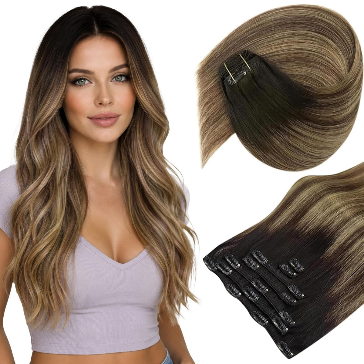 Sunny Hair clip-in hair extensions black balayage blonde front view