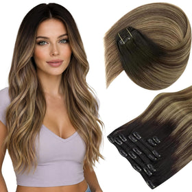 Sunny Hair clip-in hair extensions black balayage blonde front view