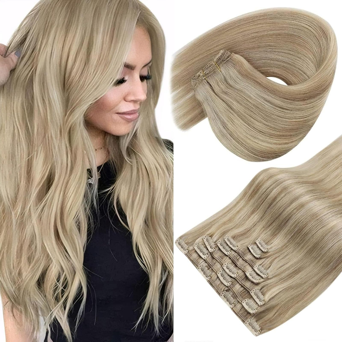 Sunny Hair clip-in hair extensions front view with blonde highlights