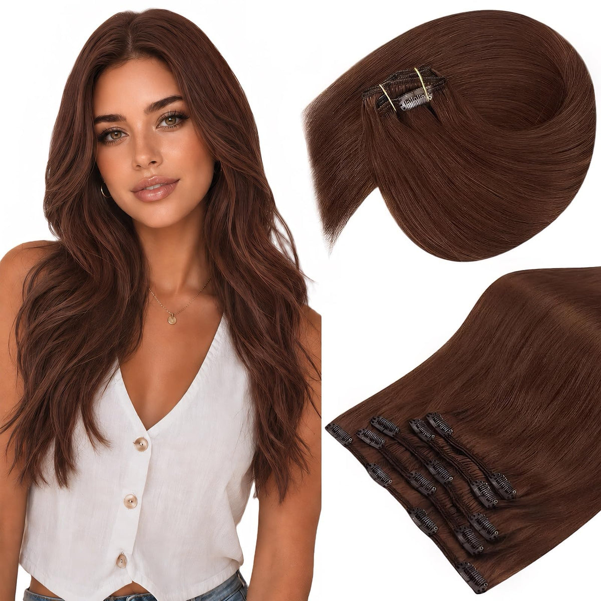 Sunny Hair clip-in hair extensions Mahogany Auburn Brown front view