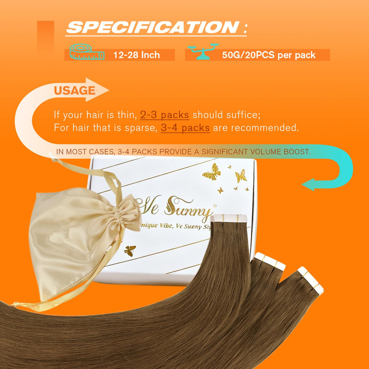 Sunny Hair Extensions Tape in Light Chestnut Brown back view