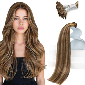 Sunny Hair Flat Tip Extensions Dark Brown with Caramel Blonde highlights front view