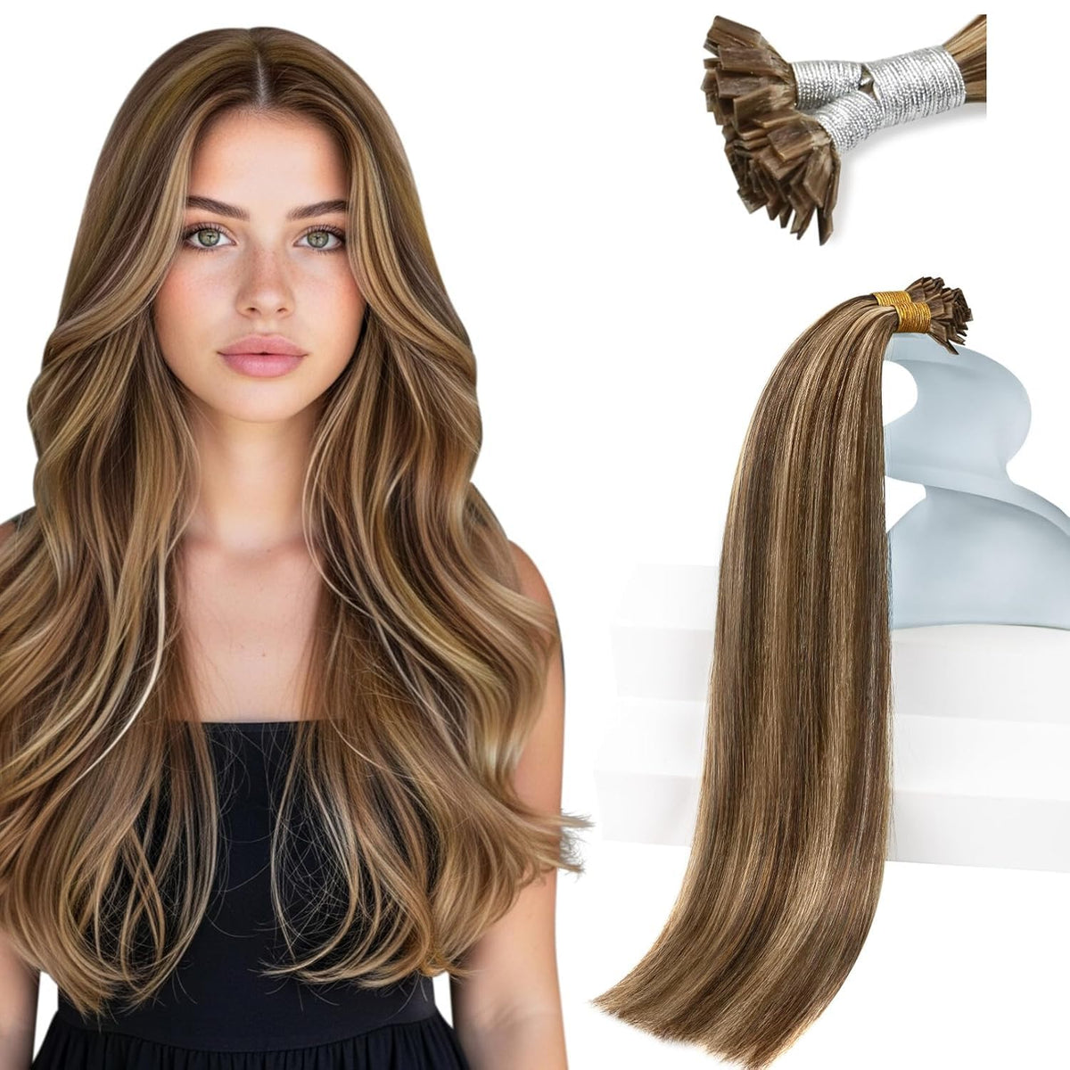 Sunny Hair Flat Tip Hair Extensions 16 Inch Brown with Blonde front view