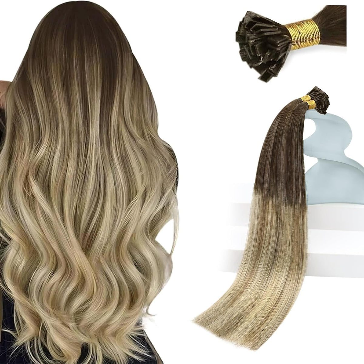 Sunny Hair Flat Tip Hair Extensions K Tip Blonde Balayage Brown front view