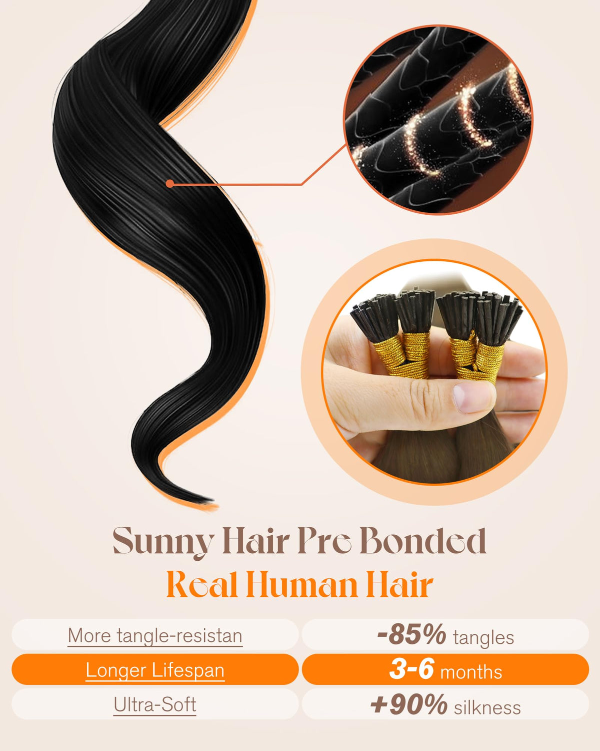 Sunny Hair I-Tip Extensions displayed with styling tools